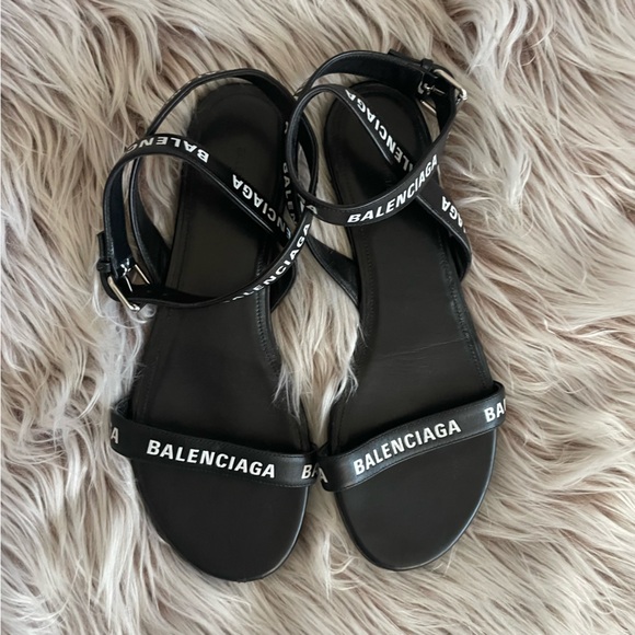 Balenciaga Black Leather Logo Strap Sandals - Picture 1 of 9